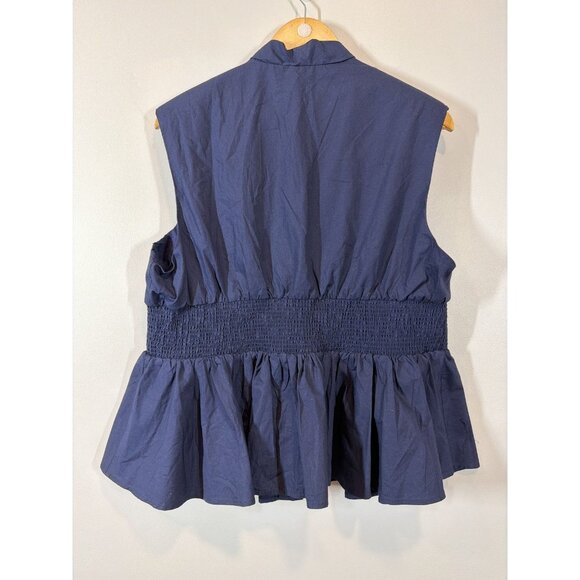 Anthropologie Navy Blue Sleeveless Blouse Size XL Ruffled Hem Zip Up Minimalist - Picture 4 of 9